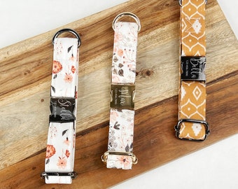 Personalized Boho Floral Dog Collar, bronze orange, Laser Engraved, Metal, Wild Floral, Quick Release Buckle, Spring, Whimsical