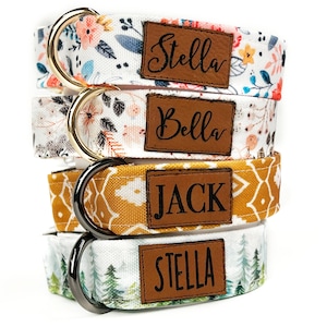 Personalized Dog Collar, With Leather Patch, Boho Pattern, Laser Engraved, Quick Release Buckle