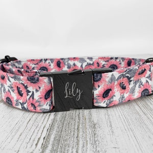 Personalized Laser Engraved Metal Sunflower Wide Dog Collar, Quick Release Buckle, Spring Florals, Whimsical, Farm House Country Style.