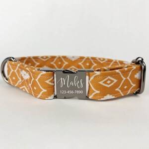 Personalized Boho Pattern Dog Collar, bronze orange, Laser Engraved, Metal, Wild Floral, Quick Release Buckle, Spring, Whimsical