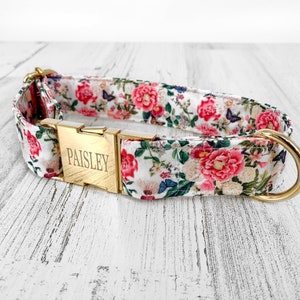 Personalized Dog Collars, Laser Engraved Metal White Whimsical Floral Wide Dog Collar, Quick Release Buckle, Spring, Farmhouse