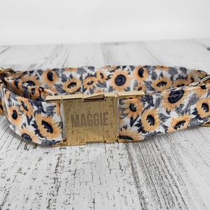 Personalized Laser Engraved Metal Sunflower Wide Dog Collar, Quick Release Buckle, Spring Florals, Whimsical, Farm House Country Style.