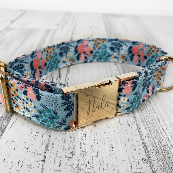Personalized Dog Collars, Laser Engraved Metal Summer Wild Floral Wide Dog Collar, Quick Release Buckle, Spring, Whimsical