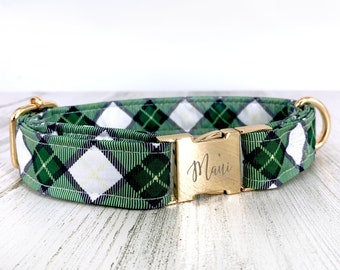 Green Personalized  Tartan Dog Collar with Metal Buckle, Christmas traditional plaid, Festive Holiday Flannel, Custom Engraved