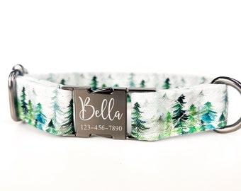 Personalized PNW Trees Line Dog Collar w/ Metal Buckle, HAND MADE, Mountain line