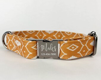 Personalized Boho Pattern Dog Collar, bronze orange, Laser Engraved, Metal, Wild Floral, Quick Release Buckle, Spring, Whimsical