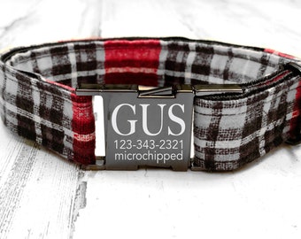 Wide Plaid With Metal Buckle Personalized Dog Collar, Custom laser engraved ID Collars, Flannel Styles Pet Collars, Designer Collars