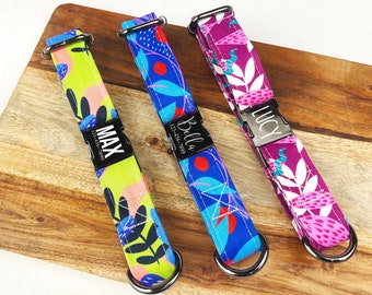 Personalized Floral Dog Collars, Laser Engraved Metal Summer Color Pop, Quick Release Buckle, Custom Pet Collar