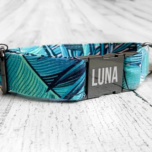 Personalized Laser Engraved Tropical Dog Collar, Quick Release Metal Buckle, Blue and Teal,  Designer Collars, Tropical Leaf, Green Flower
