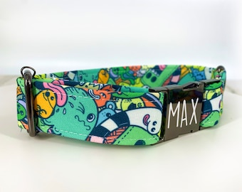 Personalized Laser Engraved Doodle Collar, Quick Release Metal Buckle, Cartoon Vector Graphite, Designer Colorful Collars, Skater Graphics