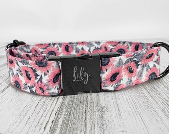 Personalized Laser Engraved Metal Sunflower Wide Dog Collar, Quick Release Buckle, Spring Florals, Whimsical, Farm House Country Style.