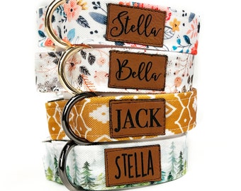 Personalized Dog Collar, With Leather Patch, Boho Pattern, Laser Engraved, Quick Release Buckle
