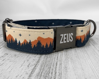 Personalized Mountain Landscape Dog Collar w/ Metal Buckle, HAND MADE, Colorful Gradient Illustration, Pink and Orange, Boy and Girl.