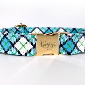 Blue Personalized  Tartan Dog Collar with Metal Buckle, Christmas traditional plaid, Festive Holiday Flannel, Custom Engraved