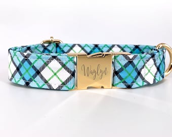 Blue Personalized Tartan Dog Collar with Metal Buckle, Christmas traditional plaid, Festive Holiday Flannel, Custom Engraved