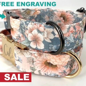 Personalized Laser Engraved Metal Folklore Floral Dog Collar, Quick Release Buckle, whimsical Peach and Green, Spring Wedding Girl Collar