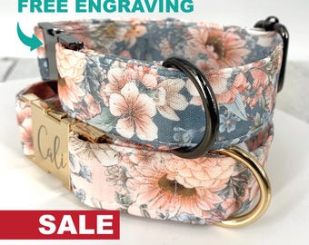 Personalized Laser Engraved Metal Folklore Floral Dog Collar, Quick Release Buckle, whimsical Peach and Green, Spring Wedding Girl Collar