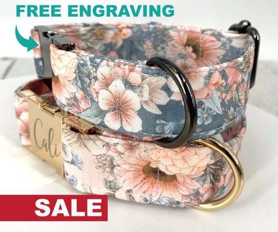 Personalized Laser Engraved Metal Folklore Floral Dog Collar, Quick Release Buckle, whimsical Peach and Green, Spring Wedding Girl Collar