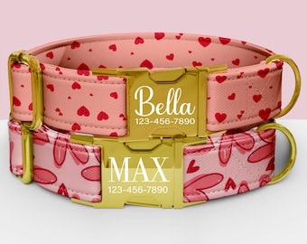 Valentines Pink Hearts Personalized Dog Collar, Heart Print Pattern Collar with Customization, Matching Leash Available TP-100