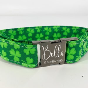 St Patrick's Day Dog Collar, Personalized Green Clover Collar with Metal Buckle, Custom Lucky Pet Neck Wear,