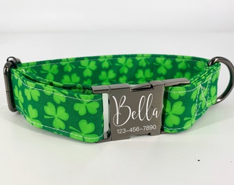 St Patrick's Day Dog Collar, Personalized Green Clover Collar with Metal Buckle, Custom Lucky Pet Neck Wear,