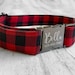 Red Buffalo and Tartan Plaid Dog Collar w/ Metal Buckle, HAND MADE, Personalized Flannel Dog Collar, Custom Engraved 
