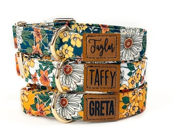 Personalized Autumn Floral Dog Collar, Custom with Name Whimsical Cute Girl Boy Dog Collars