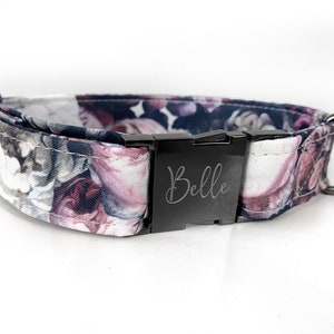 Personalized Laser Engraved Metal Buckle Nord, Classic Dutch Floral Dog Collar, Wedding Collar, Quick Release Buckle, Boho, Dark whimsical