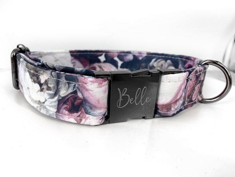 Personalized Laser Engraved Metal Buckle Nord, Classic Dutch Floral Dog Collar, Wedding Collar, Quick Release Buckle, Boho, Dark whimsical 