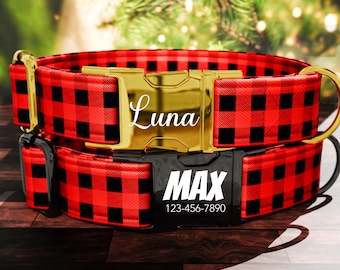 Red Buffalo and Tartan Plaid Dog Collar w/ Metal Buckle, HAND MADE, Personalized Flannel Dog Collar, Custom Engraved