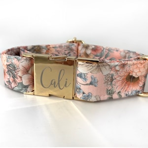 Personalized Laser Engraved Metal Folklore Floral Dog Collar, Quick Release Buckle, whimsical Peach and Green, Spring Wedding Girl Collar image 4