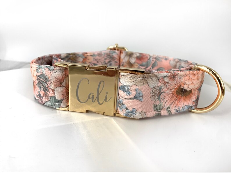 Personalized Laser Engraved Metal Folklore Floral Dog Collar, Quick Release Buckle, whimsical Peach and Green, Spring Wedding Girl Collar image 4