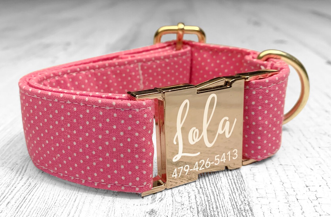 Personalized Laser Engraved Metal Buckle Dog Collar, Pink Polka Doted ...