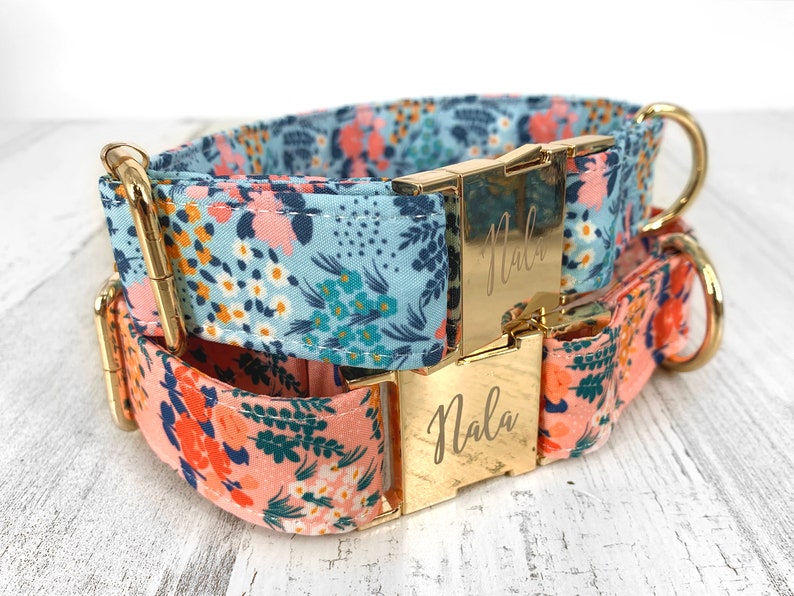 Personalized Dog Collars, Laser Engraved Metal Summer Wild Floral Wide Dog Collar, Quick Release Buckle, Spring, Whimsical 