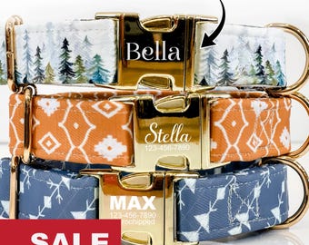 Personalized PNW Dog Collar, With Fabric and Leather Patch, Boho Pattern, Laser Engraved, Quick Release Buckle, Boy Dog Collar