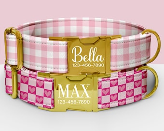Pink Checkered Pattern Personalized Dog Collar, Checkered Print Pattern Collar with Customization, Matching Leash AvailableTP-105