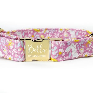 Personalized Easter Dog Collar ~ Pastel Easter Bunny Fabric Dog Collar ~ Custom blue and pink pet collar