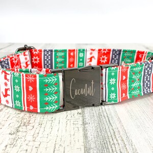 Personalized Christmas Dog Collar, Ugly Sweater Inspired Dog Collar, Red, Green, White, Blue Holiday