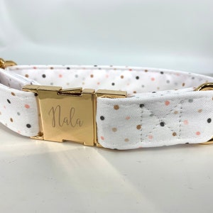 Personalized Laser Engraved Metal Wedding Floral Dog Collar, Quick Release Buckle, whimsical and Blush Polka Dot, Spring Wedding Girl Collar