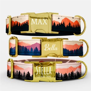 Personalized Mountain Dog Collar, With Fabric and Leather Patch, Tree Line, Laser Engraved, Quick Release Buckle