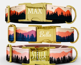 Personalized Mountain Dog Collar, With Fabric and Leather Patch, Tree Line, Laser Engraved, Quick Release Buckle