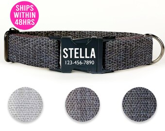 Gray Cotton Texture Print Custom Dog Collar, Personalized Dog Collar, Custom engraved, Small Medium Large XLarge with Leash