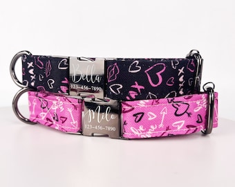Valentines Dog Collar Personalized, Pink and Black, Heart Print Custom Dog Collar