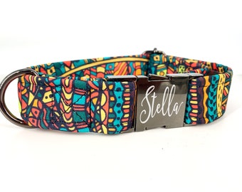 Personalized Laser Engraved African Tribal Dog Collar, Quick Release Metal Buckle, Designer Colorful Collars, Hand-drawn, Retro, Boho