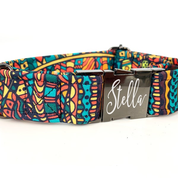 Personalized Laser Engraved African Tribal Dog Collar, Quick Release Metal Buckle, Designer Colorful Collars, Hand-drawn, Retro, Boho