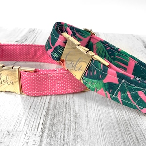 Pink Personalized Dog Collar, Laser Engraved Tropical Pink, Metal Buckle, Pink Polka Doted, Quick Release Buckle, Lush Girly, Palm Leaf Tree