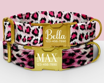 Pink Leopard Fur Personalized Dog Collar, Animal Print Pattern Collar with Customization, Matching Leash Available TP-106