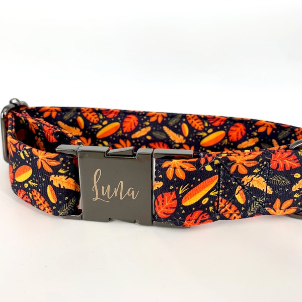 Autumn Leaves Dog Collar Personalized, Autumn design, Fall Thanksgiving Pet wear, Black and Orange.