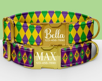 Mardi Gras Personalized Dog Collar, Festival Print Pattern Collar with Customization, Matching Leash Available TP-102