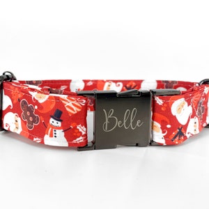 Christmas Santa Dog Collar Personalized with Metal Buckle, Festive Holiday, Snowman, Red, Green, Blue, Ginger Bread, Custom Engraved